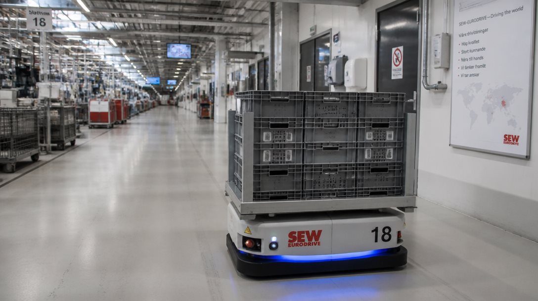 Autonom mobil robot AMR levererar material i svensk produktionsanläggning