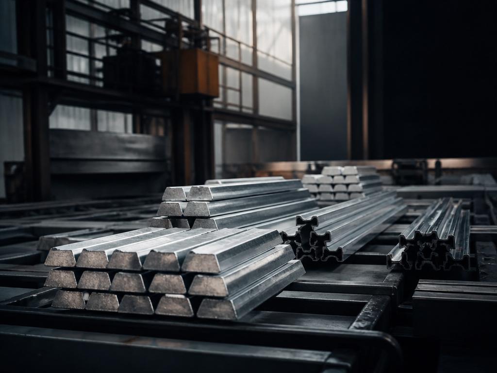 Aluminiumbalkar och extruderade profiler i industriell lagermiljö
