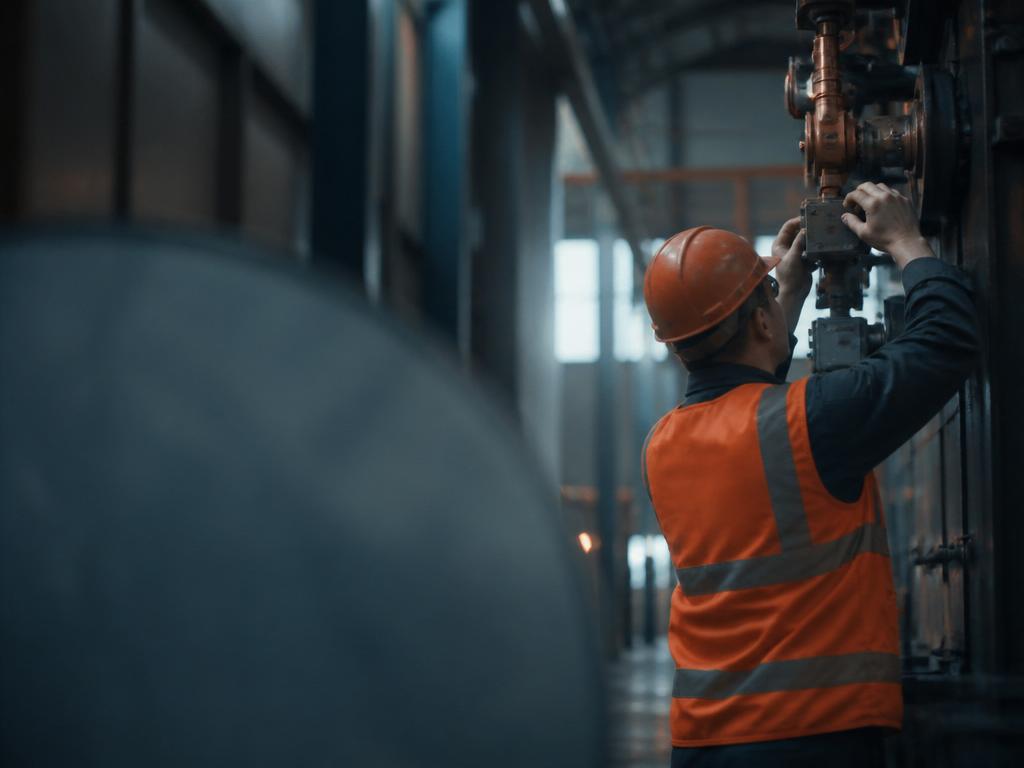 Industriarbetare med skyddsutrustning vid maskiner i svensk fabrik