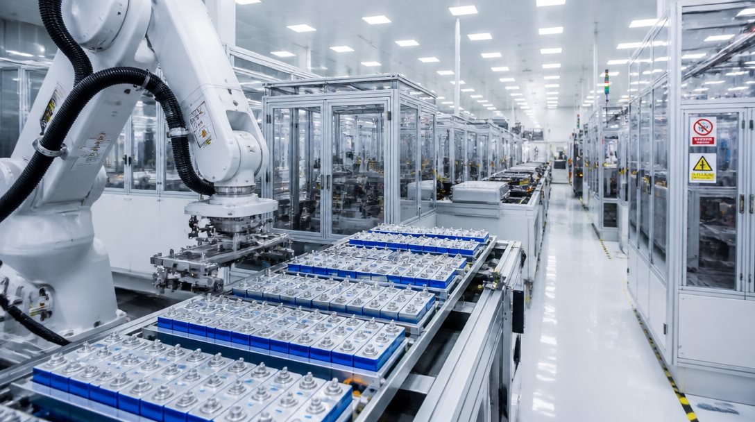 Gigafabrikens monteringslinje för litiumjonbatterier i ren produktionsmiljö