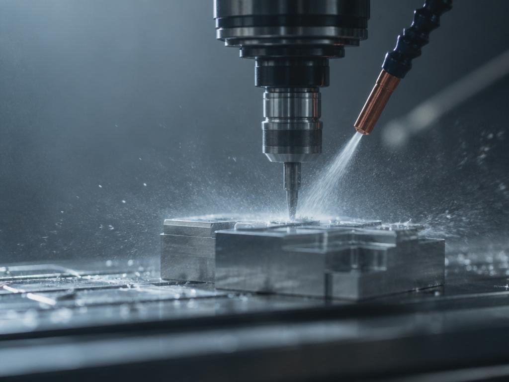CNC-fräs bearbetar aluminiumdetalj med kylvätskedimma i svensk verkstad