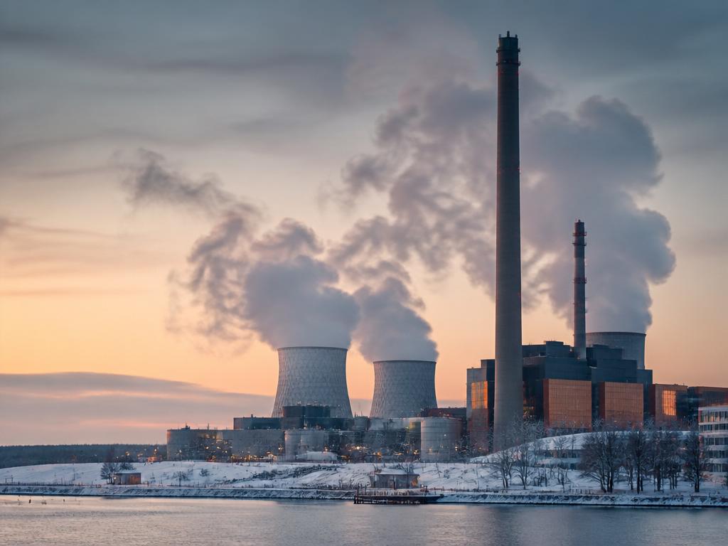 Fjärrvärmeverk vid svensk industriområde med stigande ånga vid soluppgång