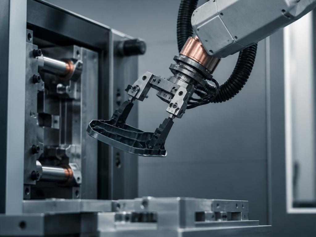 Robotarm avlägsnar formsprutad plastdetalj från formspruta i svensk industri