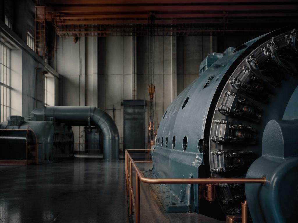 Stor industriell generator i maskinsal vid svenska kraftverk