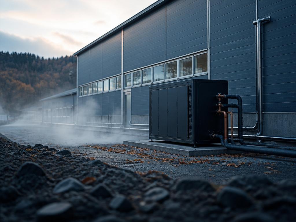 Geotermisk anläggning med borrplattor och teknisk utrustning vid svenska industrimark