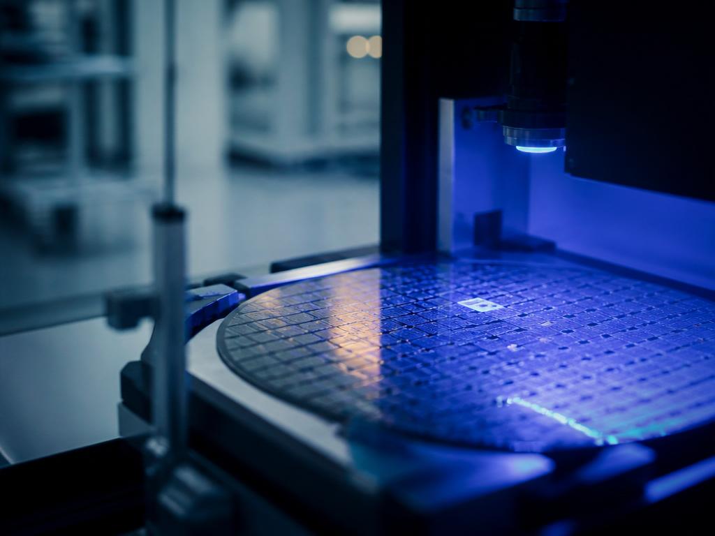 Halvledarwafer med integrerade kretsar under ultraviolett ljus i renrum