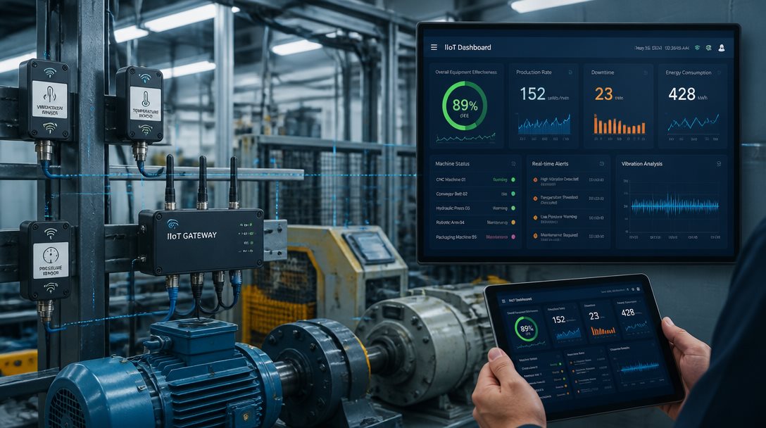 Industriell IoT-gateway med sensorer och realtidsdata på svensk fabriksdisplay