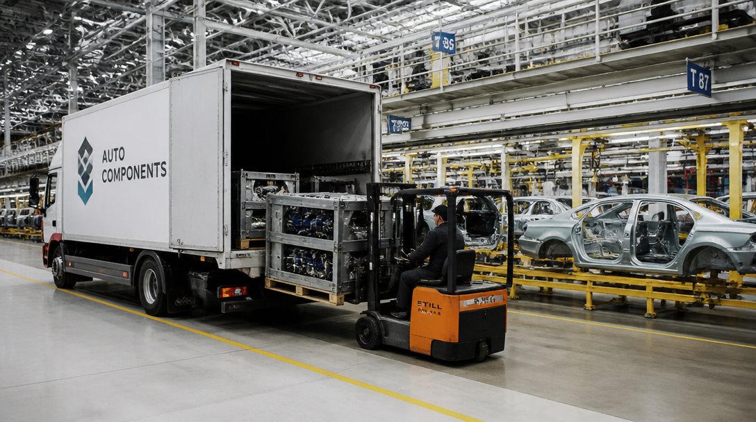 Lastbil levererar komponenter direkt till monteringslinje på svensk bilfabrik
