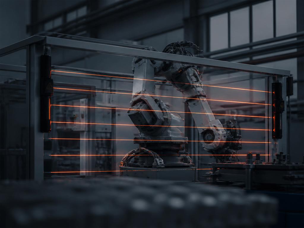 Ljusbomsbarriär runt industrirobotcell i svensk fabrik, säkerhetsskyltning