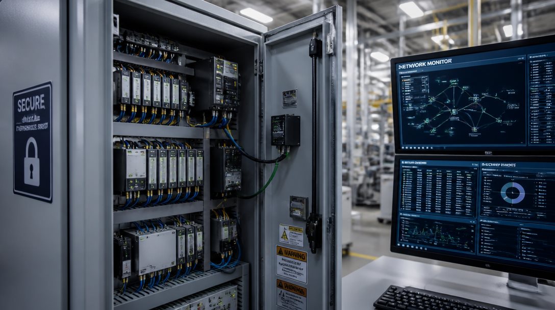 Industriellt elskåp med säkerhetsövervakning på svensk OT-skyddad anläggning