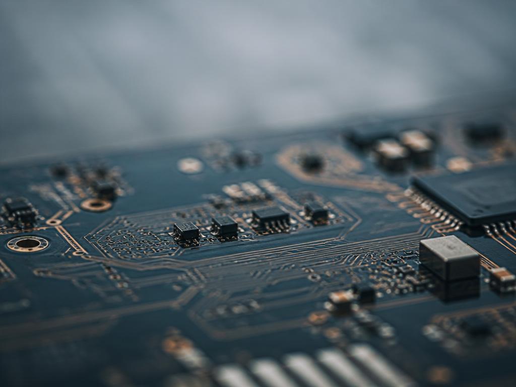 Grönt kretskort med elektroniska komponenter och kopparspår i industrimiljö