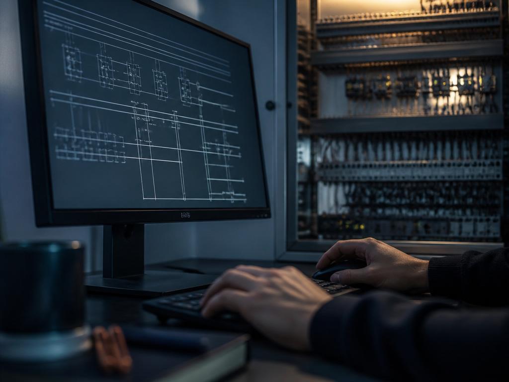 Programmerare arbetar med PLC-styrning i industriell automationsmiljö