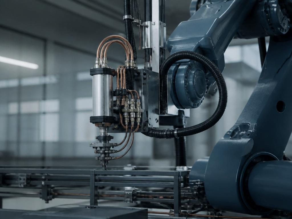 Pneumatiska cylindrar och slangsystem på industriell automationslinje