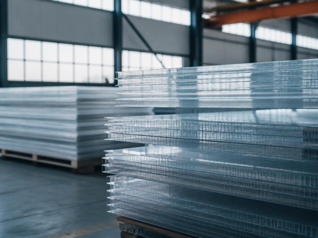 Staplade transparenta polykarbonatskivor i industrilager