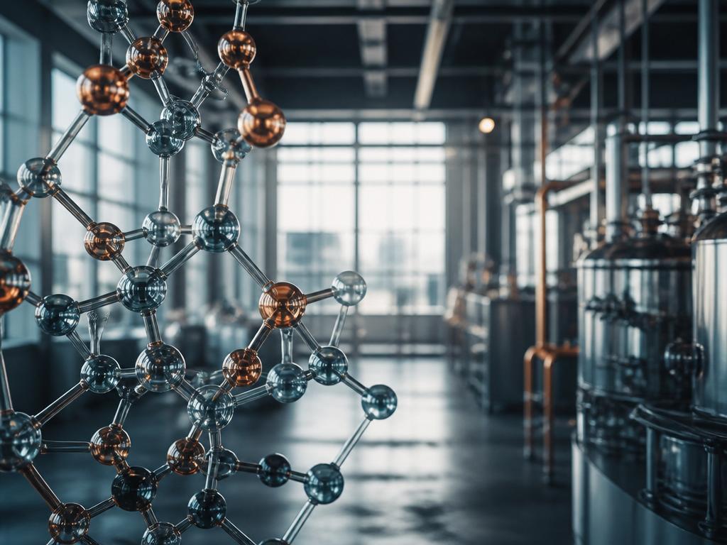 Vetenskaplig visualisering av polymermolekyler mot industriell produktionsbakgrund