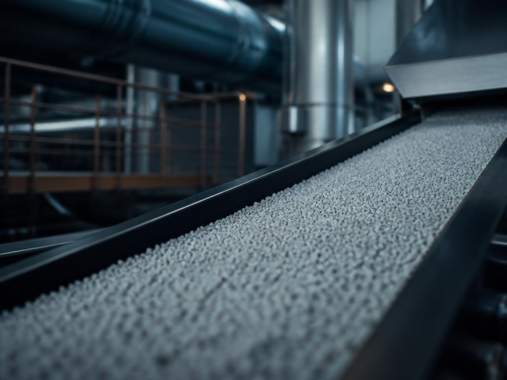 Polypropengranulat i flera naturliga toner i industriell produktionsmiljö