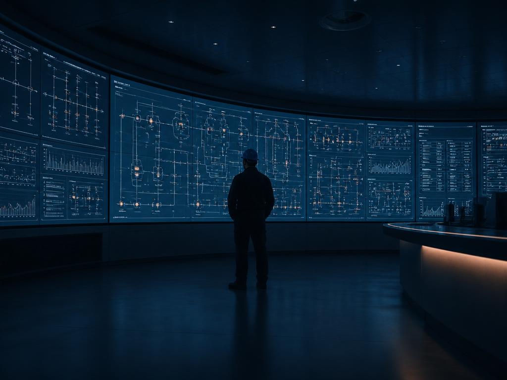 Operatör övervakar SCADA-system med flera skärmar i svenskt kontrollrum