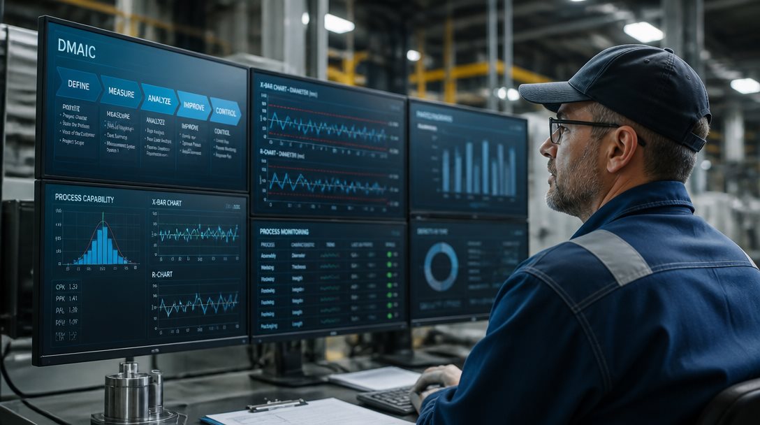 Operatör analyserar processdata på industriell display i svensk verkstad