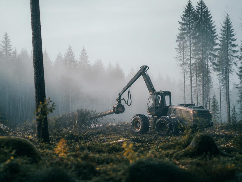 Skördare i arbete i svensk borealsskog vid tidigt morgonljus