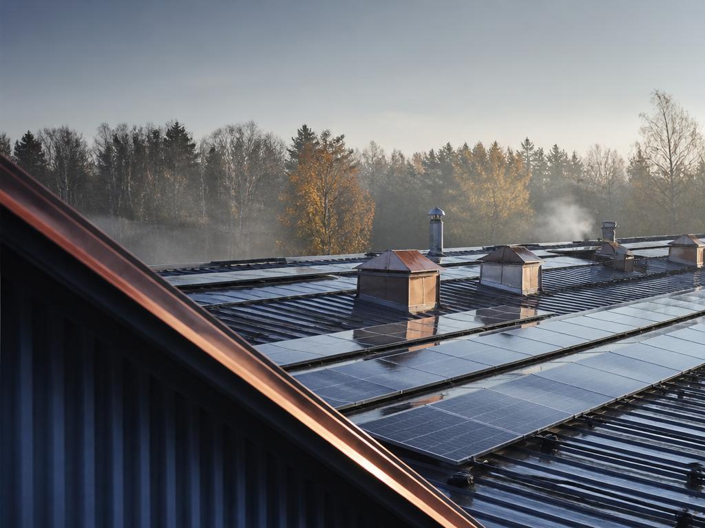 Stor solcellspark på industriellt lagertak i Sverige under sommarsol