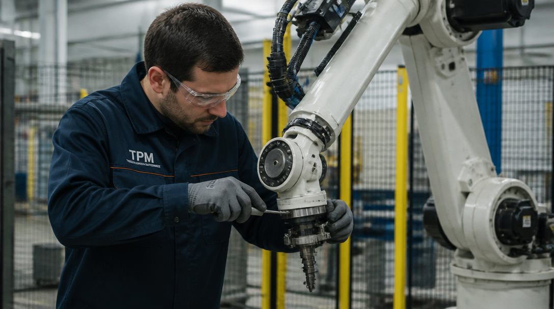 Operatör utför dagligt underhåll på industrirobot i svensk verkstad