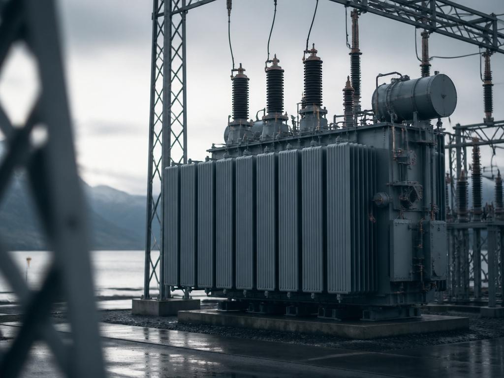 Industriell krafttransformator vid ett kraftverk med kylkors och isolatorer