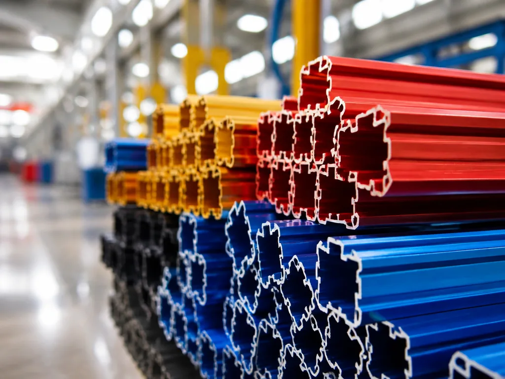 Anodiserade aluminiumprofiler i olika kulörer på en industriell ytbehandlingsanläggning