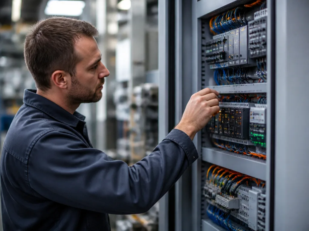 Automationstekniker i arbetskläder inspekterar en industriell styrpanel med PLC-kablage i en fabrik