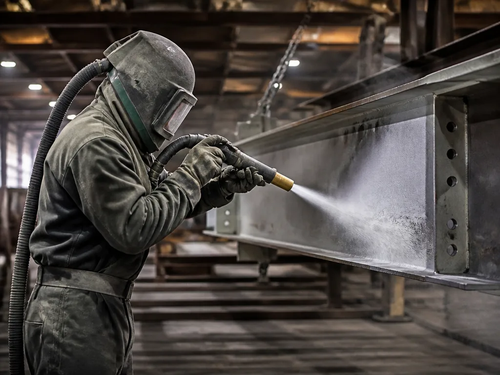 Industriell blästrutrustning i stålbearbetningsverkstad med högtrycksblästring av ståldetalj