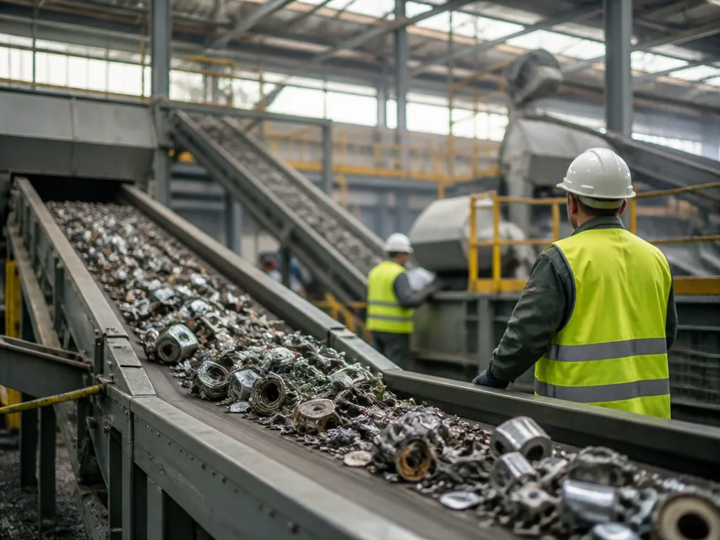 Industriell återvinningsanläggning med metallkomponenter på transportband och arbetare i skyddsutrustning