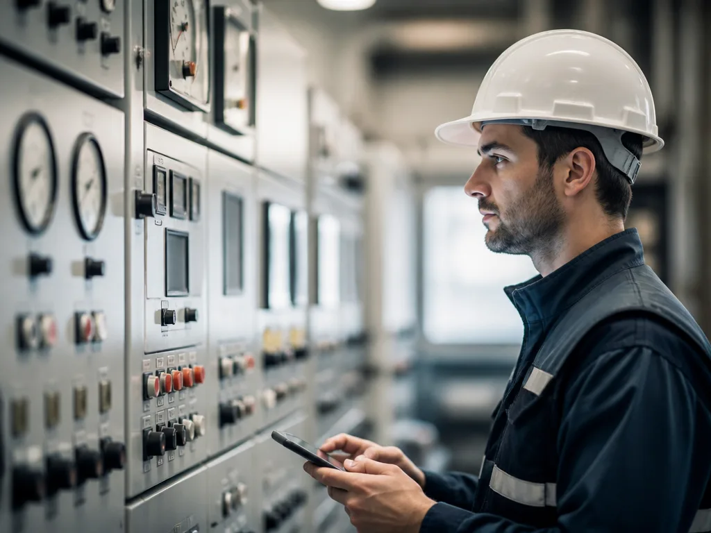 Driftingenjör övervakar mätare och skärmar i ett industriellt kontrollrum