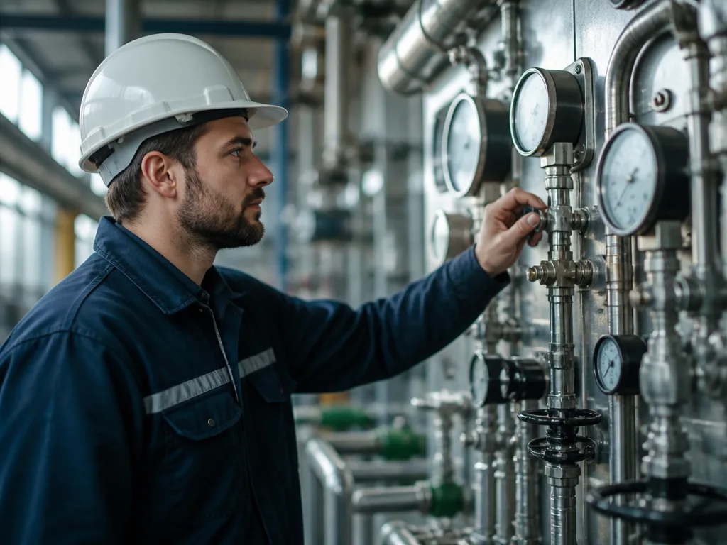 Drifttekniker övervakar mätare och ventiler i ett kontrollrum på en industrianläggning