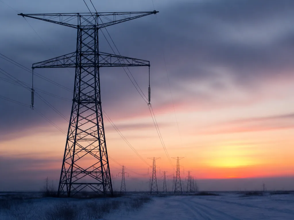 Kraftledningar och stolpar för eltransmission i vinterlandskap i skymning
