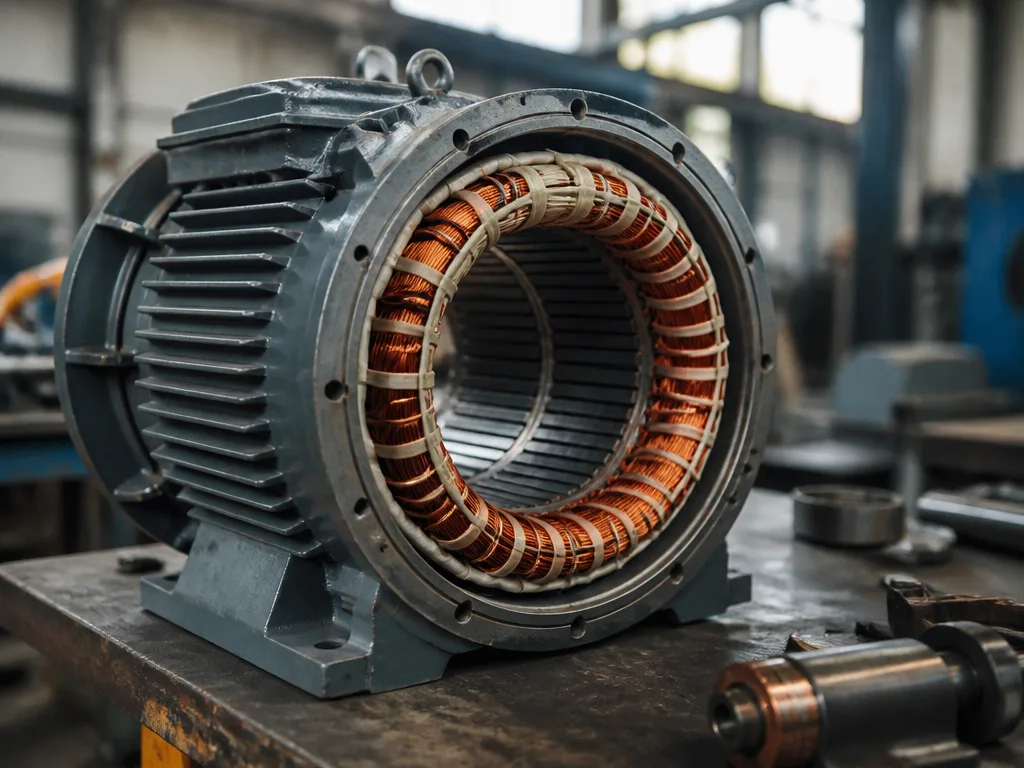 Industriell elmotor med synliga kopparlindningar och stator på ett verkstadsbänk