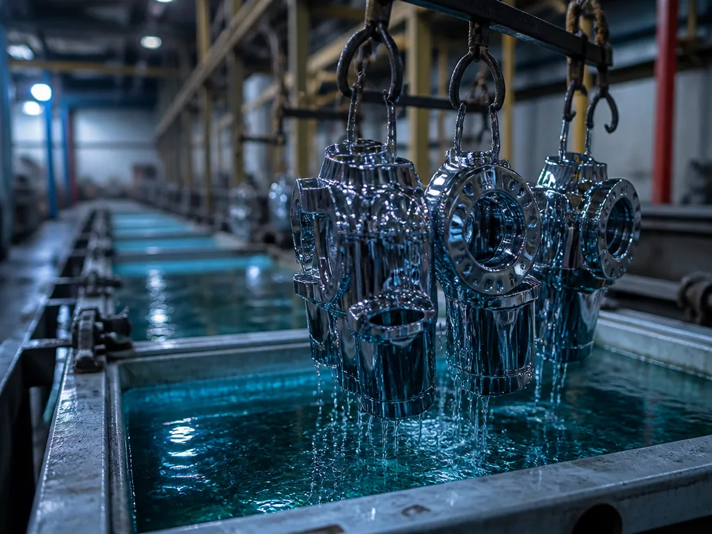 Industriell elektropläteringstank med metalldelar nedsänkta i blå elektrolytlösning