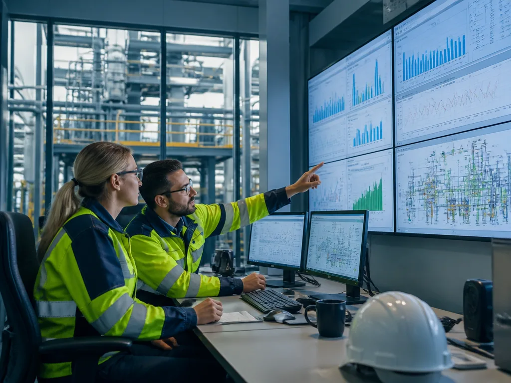 Ingenjörer i industriell kontrollrum som analyserar energiförbrukningsdata för energieffektivisering i industrin