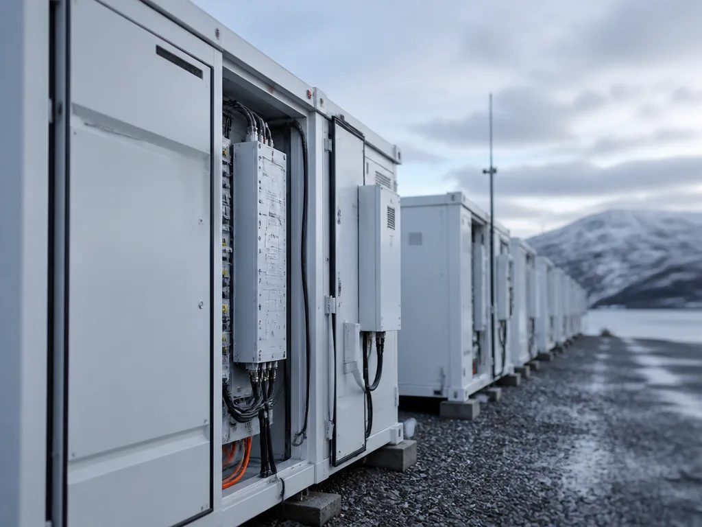 Storskaligt batterilager med containermoduler och kabeldragning vid en kraftanläggning