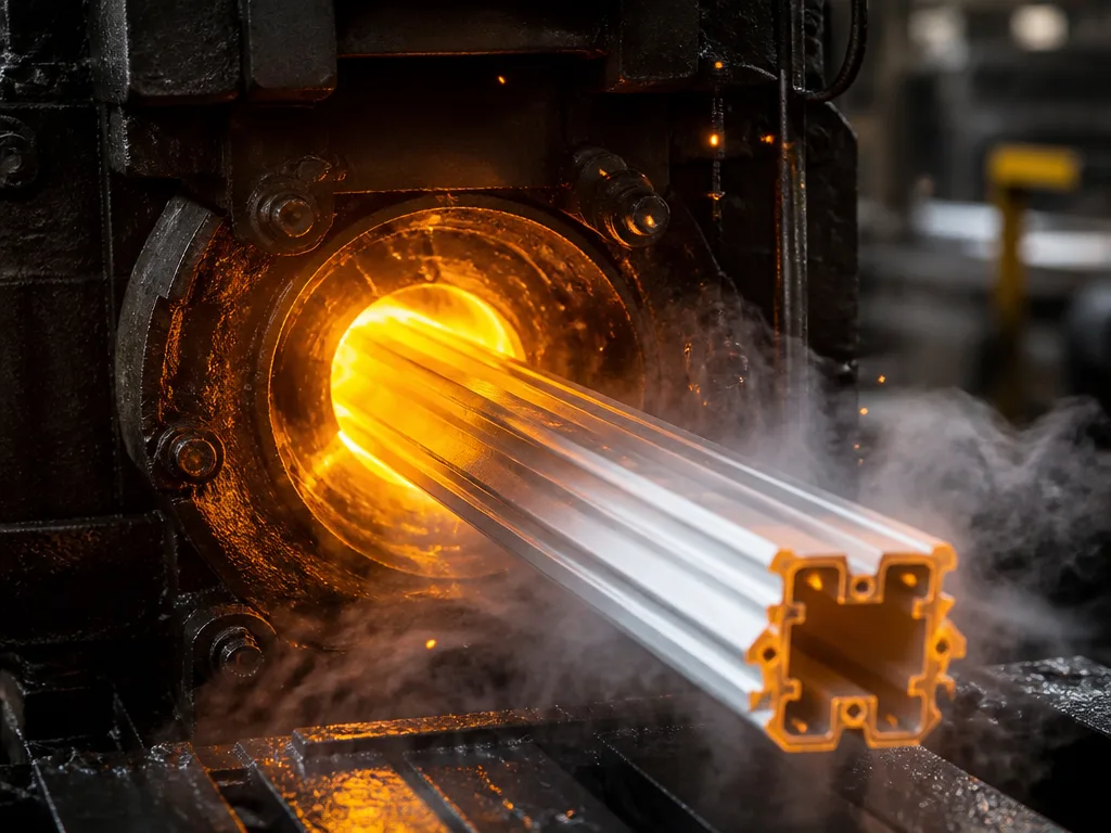 Glödande aluminiumprofil pressas genom en matris i en industriell extruderingsmaskin
