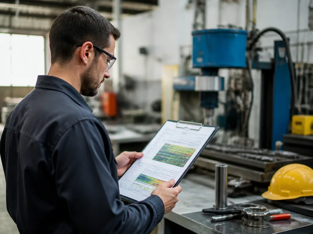 Kvalitetsingenjör granskar ett FMEA-arbetsblad med riskbedömningsdata i en industriell verkstadsmiljö
