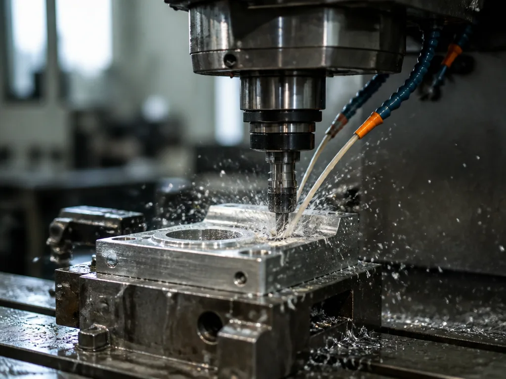 CNC-fräsmaskin skär metall med synliga spån och kylvätska i industriverkstad