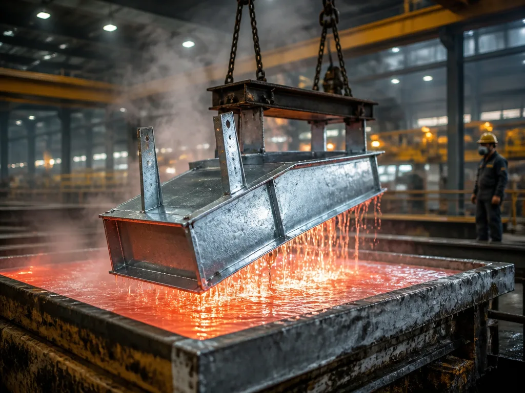 Industriell varmförzinkningsprocess med stålkonstruktion lyft ur smält zinkbad i fabrikshall