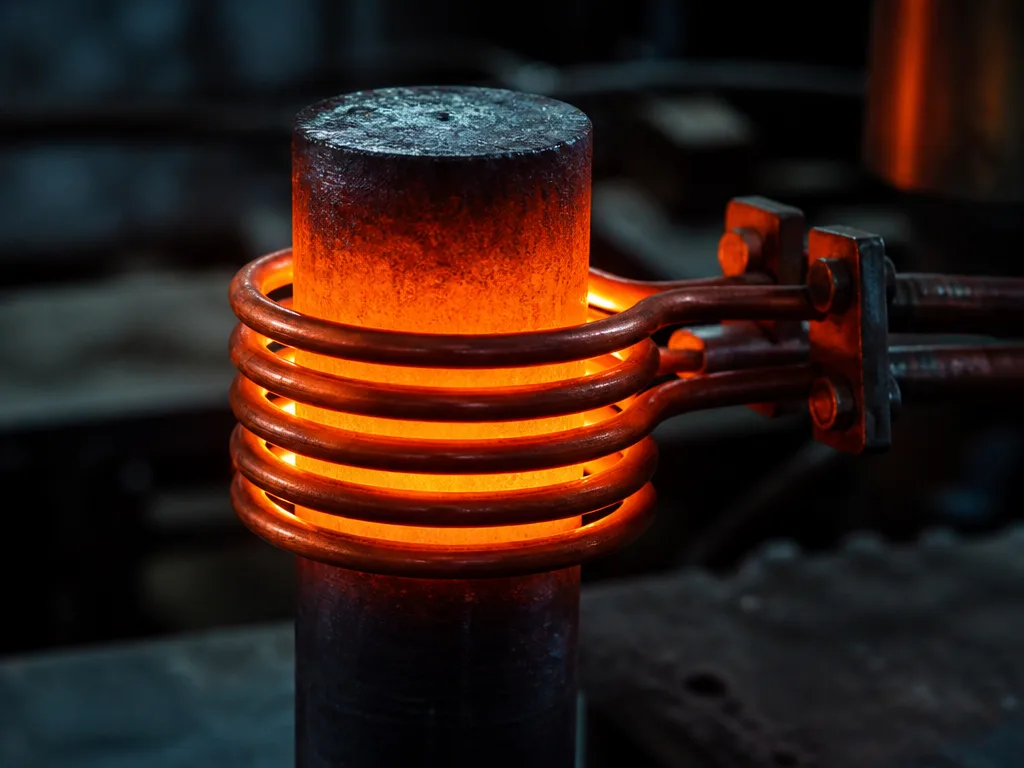 Induktionsspole med orange glöd kring ett stålämne i industriell smidesverkstad, blå och orange kontrastbelysning