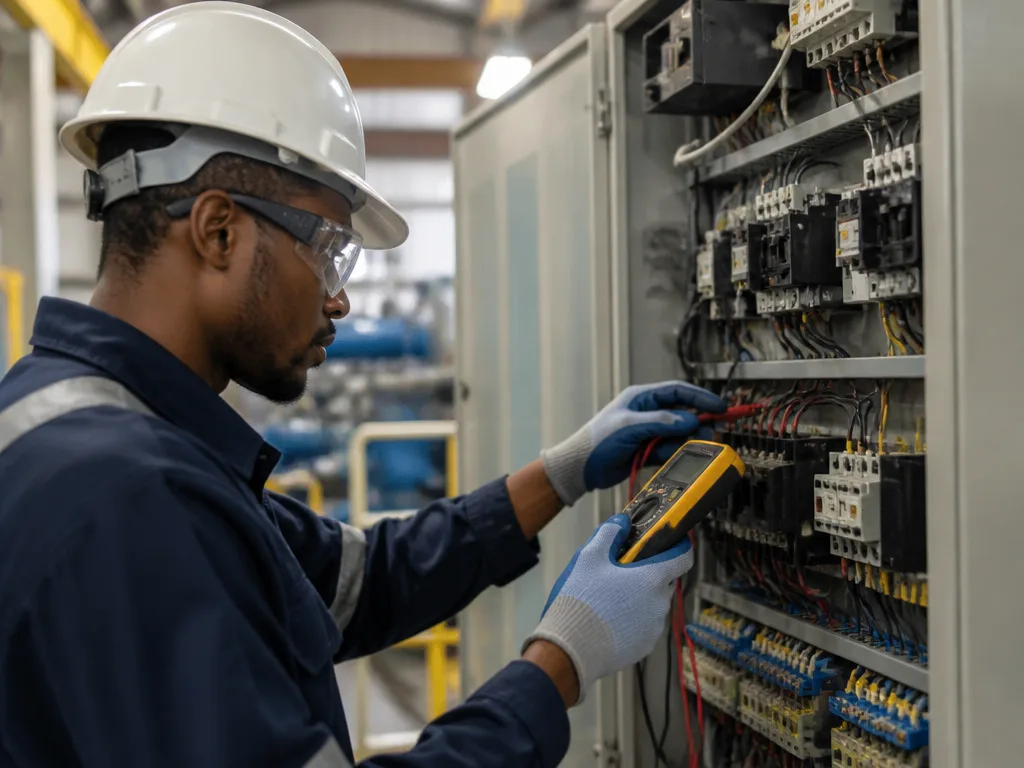 Industrielektriker arbetar med ett elektriskt kontrollskåp i en industrianläggning