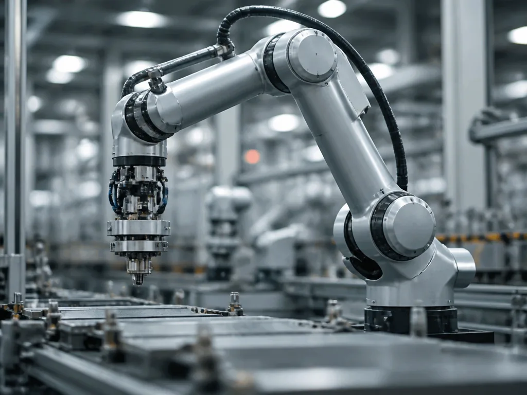 Industrirobot med sex axlar arbetar vid ett produktionsband i en fabrik
