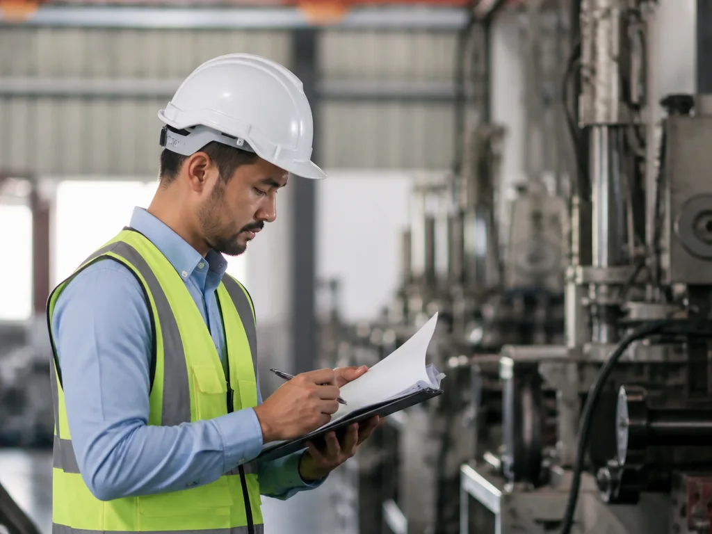 Kvalitetsinspektör granskar industridokument under ISO-certifieringsrevision med fabrik i bakgrunden