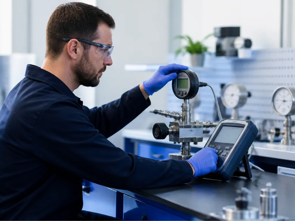 Tekniker kalibrerar industriell tryckmätare med digital kalibrator i mätlaboratorium