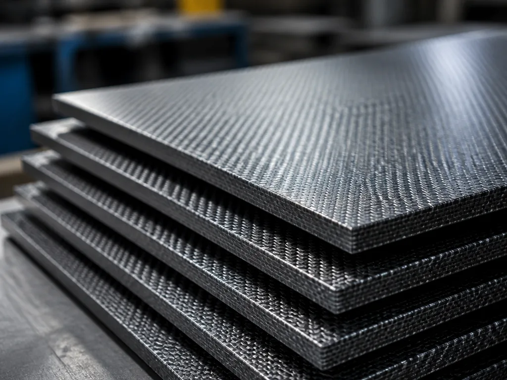 Kolfiberlaminat-skivor staplade i lager i industriell verkstad, närbild på vävstruktur och hartsskikt