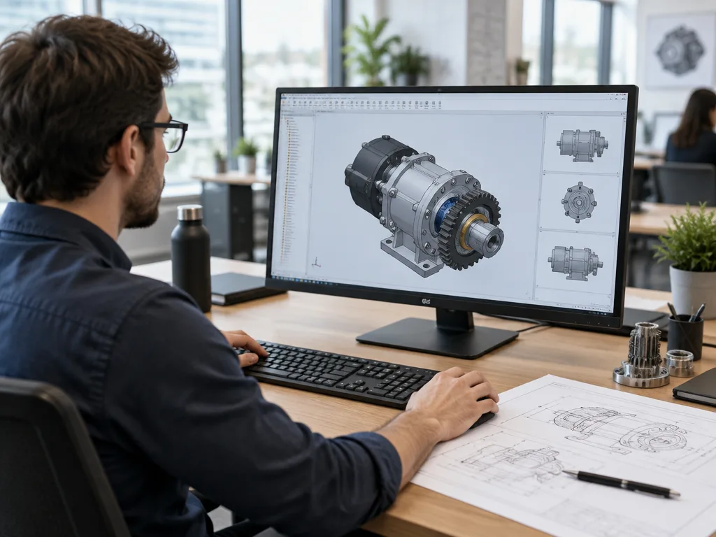 Konstruktör granskar en 3D-modell av en växellåda i ett CAD-program med tekniska ritningar på skrivbordet