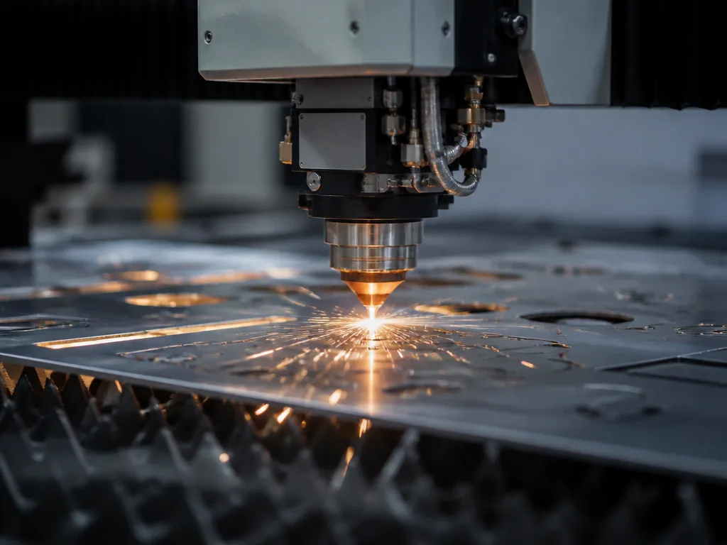 Fiberlaser skär genom aluminiumplåt med gnistor i en modern industriverkstad