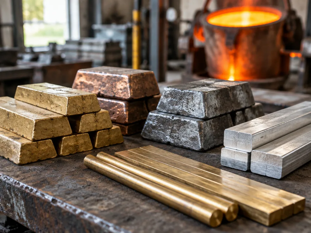Tackor och stänger av mässing, brons, stål och aluminium på en arbetsbänk i ett gjuteri med en glödande smältdegel i bakgrunden